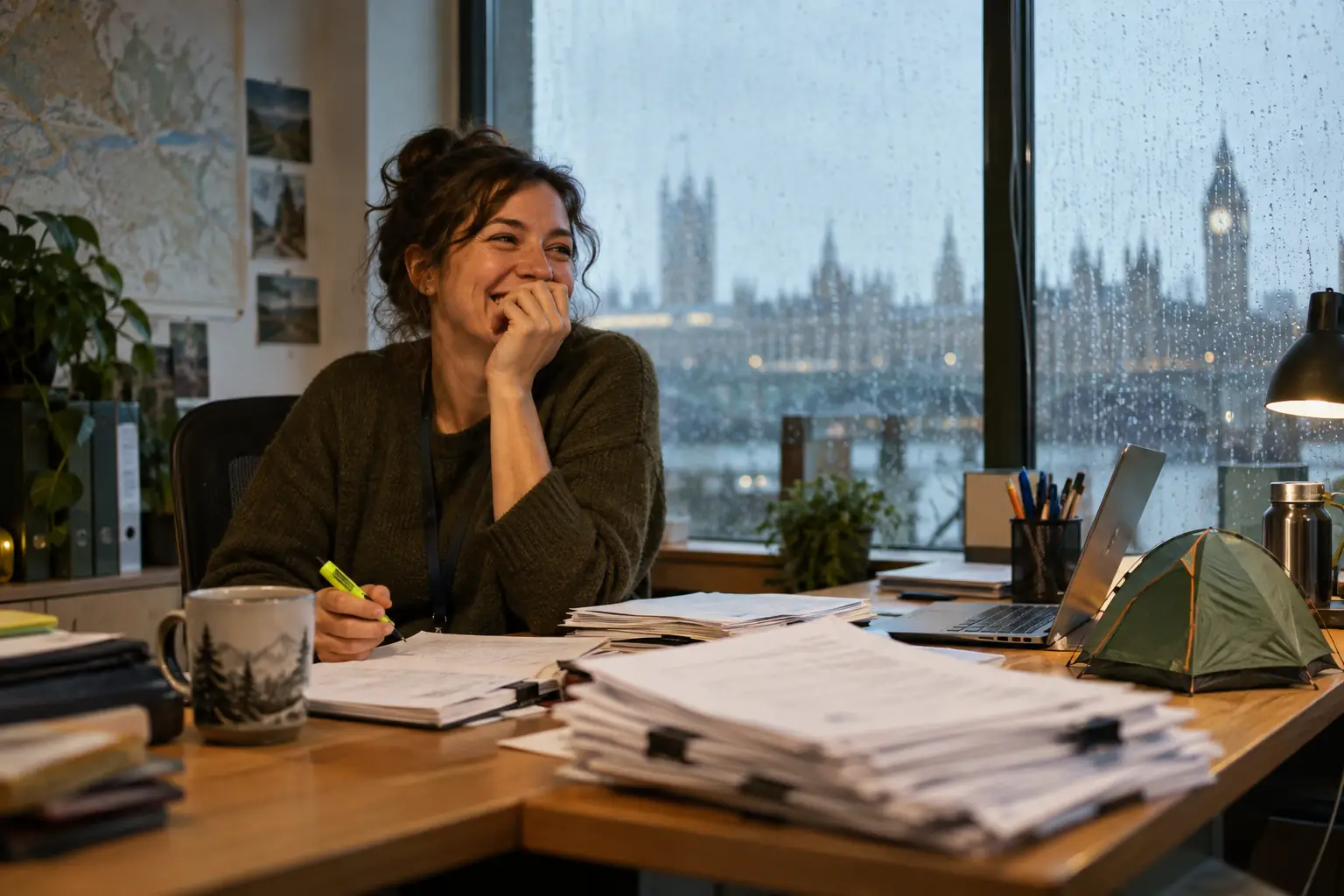 Original editorial photograph of a laughing civil servant with a highlighter and small tent for Consult AI tool