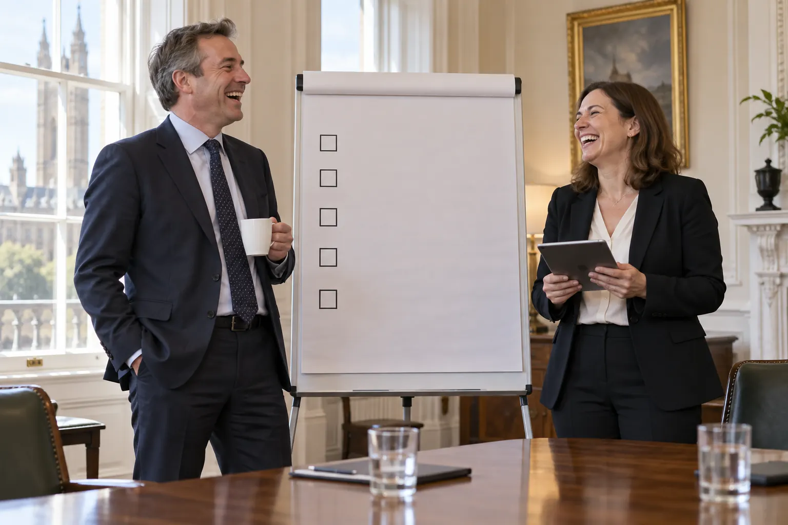 Two laughing office workers beside a blank checklist for the Whitehall consultation culture reset