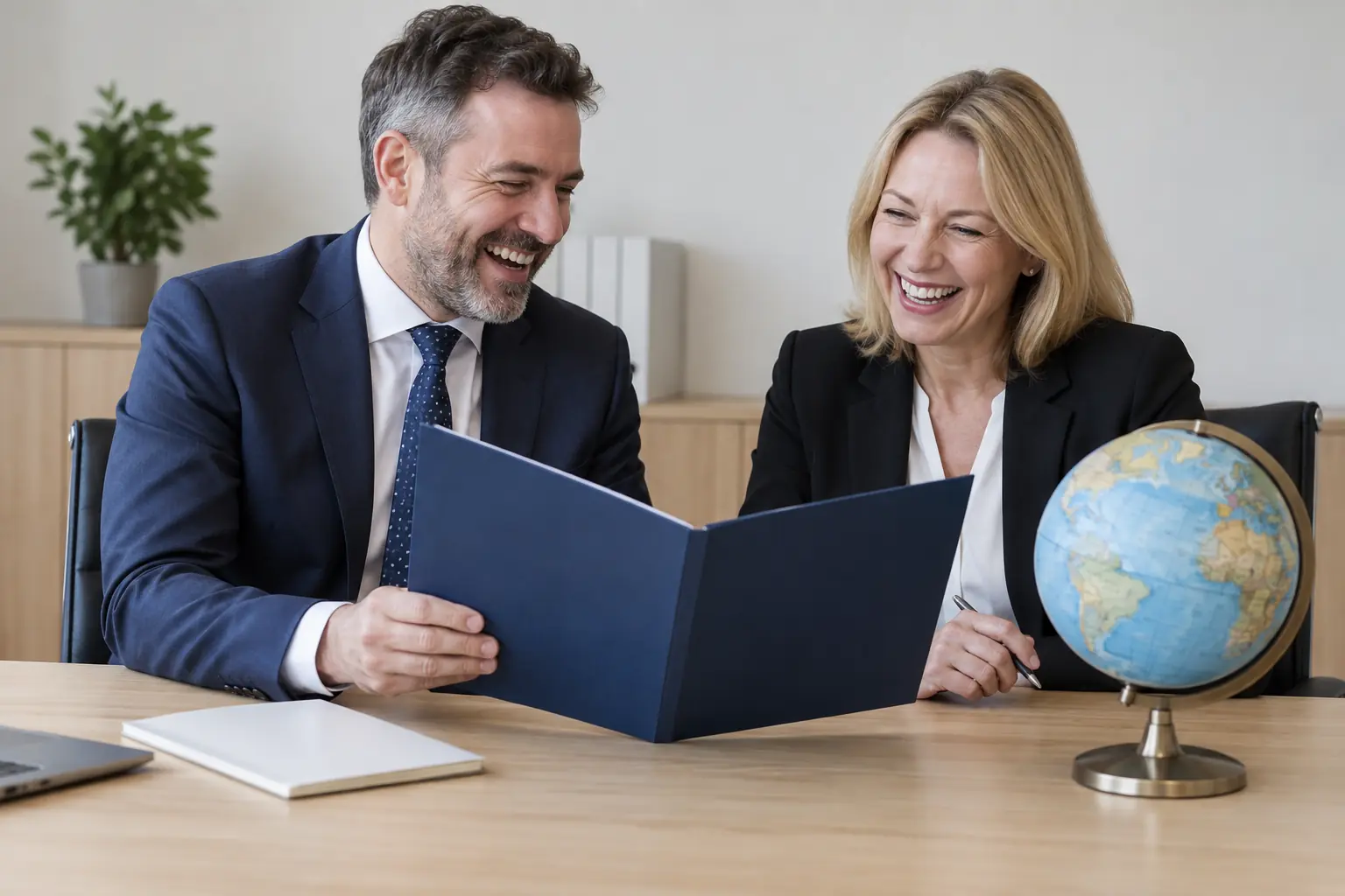 Two laughing business advisers with a blank corporate folder for the UK corporate re-domiciliation regime
