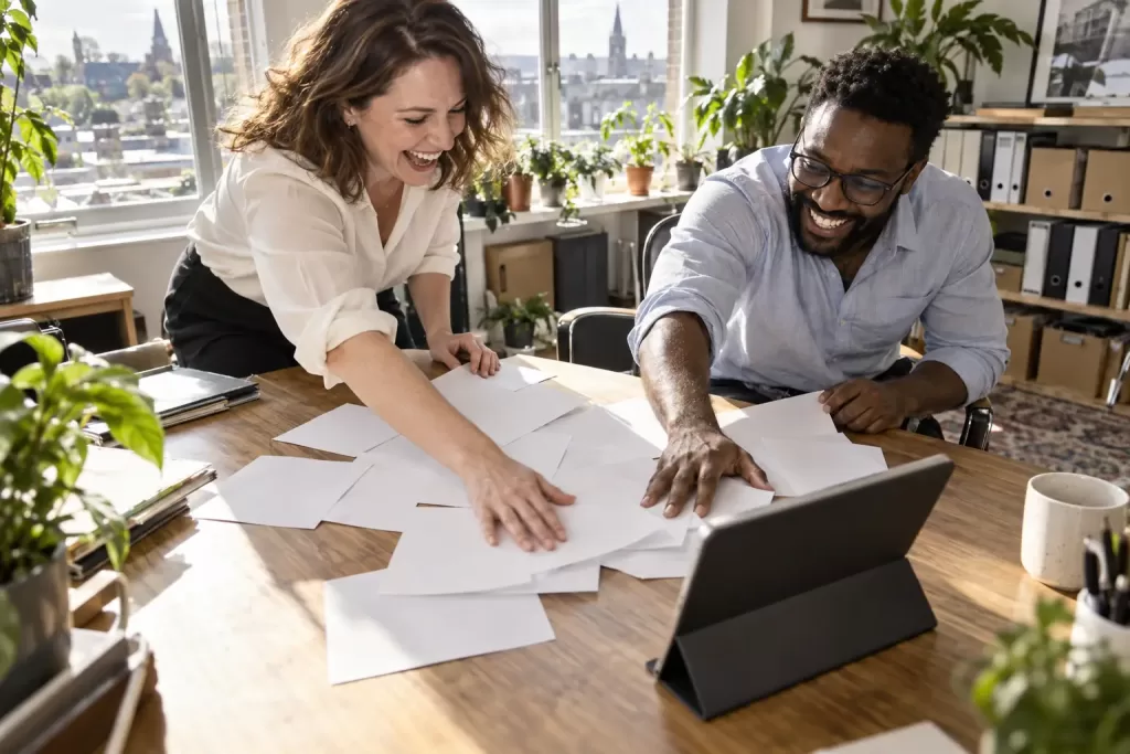 Original editorial photograph of two laughing business colleagues sweeping blank paper forms toward a plain tablet in a sunny office, with no logos or text