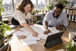 Original editorial photograph of two laughing business colleagues sweeping blank paper forms toward a plain tablet in a sunny office, with no logos or text