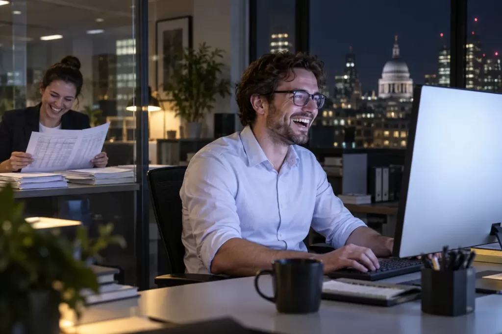 Two laughing software accountants at fictional Corporation Tax iXBRL specifications update 2026 office