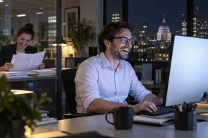 Two laughing software accountants at fictional Corporation Tax iXBRL specifications update 2026 office