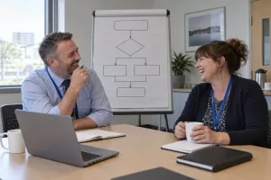 Two laughing advisers for NHS corridor care teams