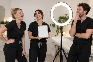 Three laughing clinic staff stand beside a large ring light while one holds a plain blank certificate frame.