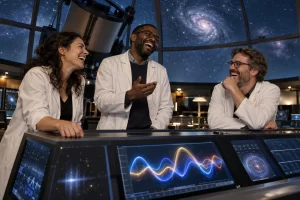 Three clearly laughing fictional adult astronomers discuss cosmic collision detection beside abstract observatory charts.