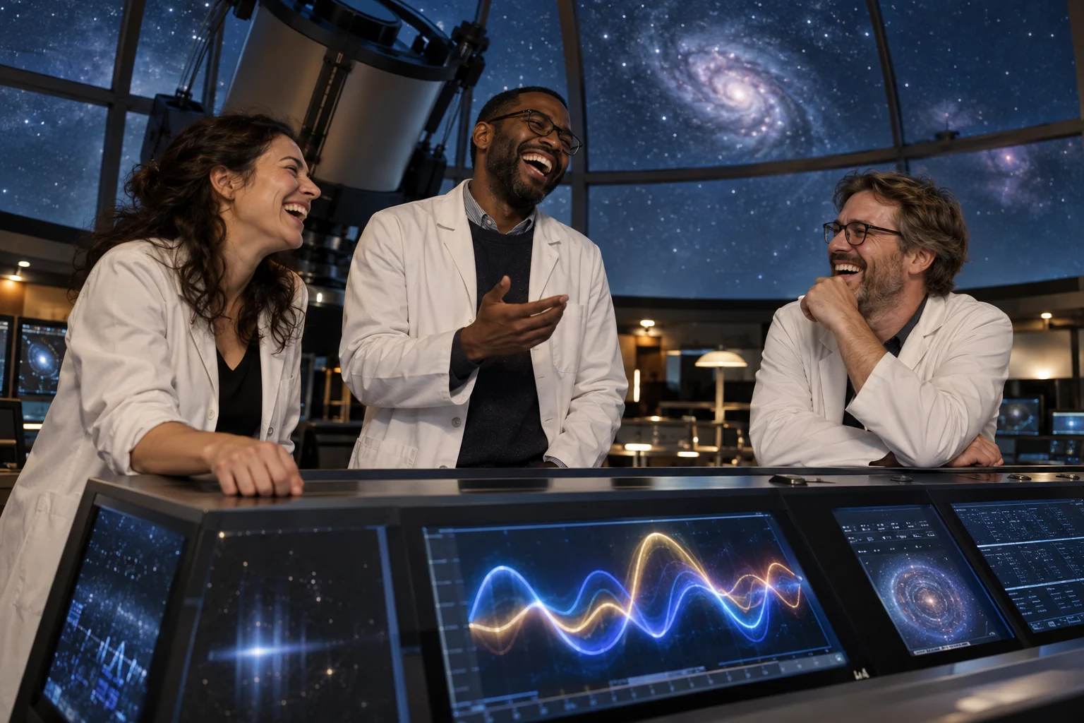 Three clearly laughing fictional adult astronomers discuss cosmic collision detection beside abstract observatory charts.
