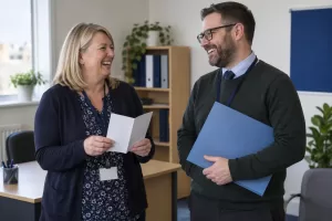 Two laughing advisers with a leaflet for April cost of living measures