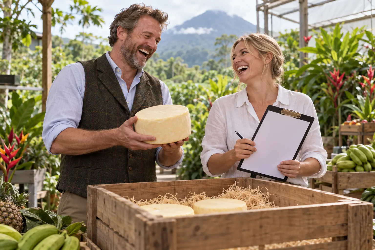 Two laughing exporters at fictional Costa Rica CPTPP accession 2026 market scene