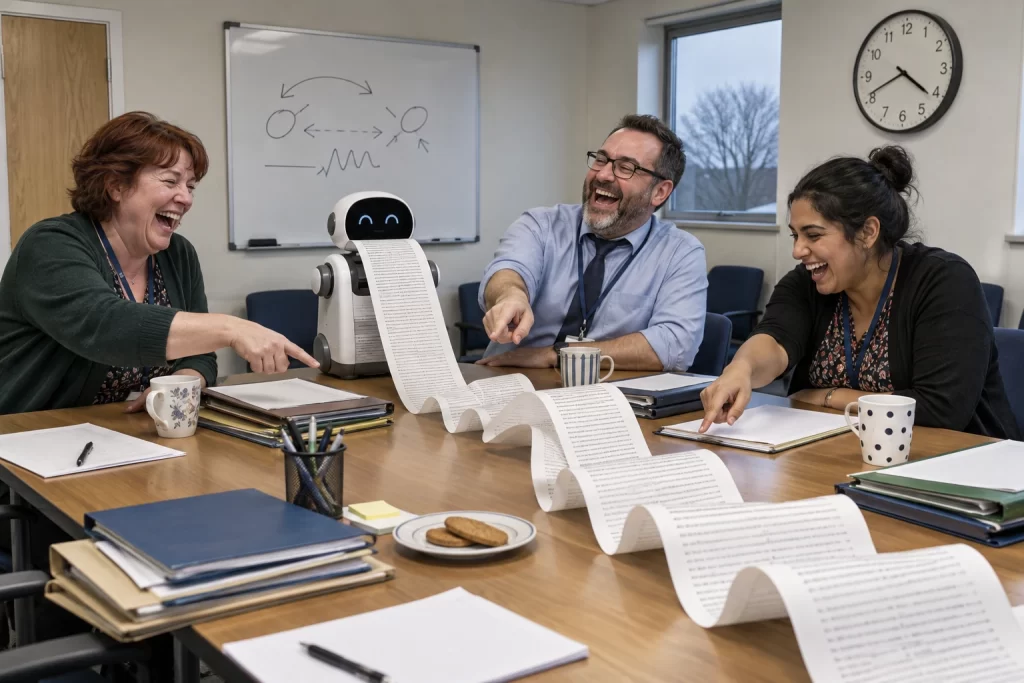 Three laughing fictional council workers watch a tiny office robot print an enormous roll of meeting minutes across a committee table.