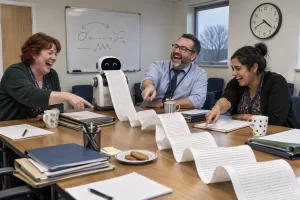 Three laughing fictional council workers watch a tiny office robot print an enormous roll of meeting minutes across a committee table.