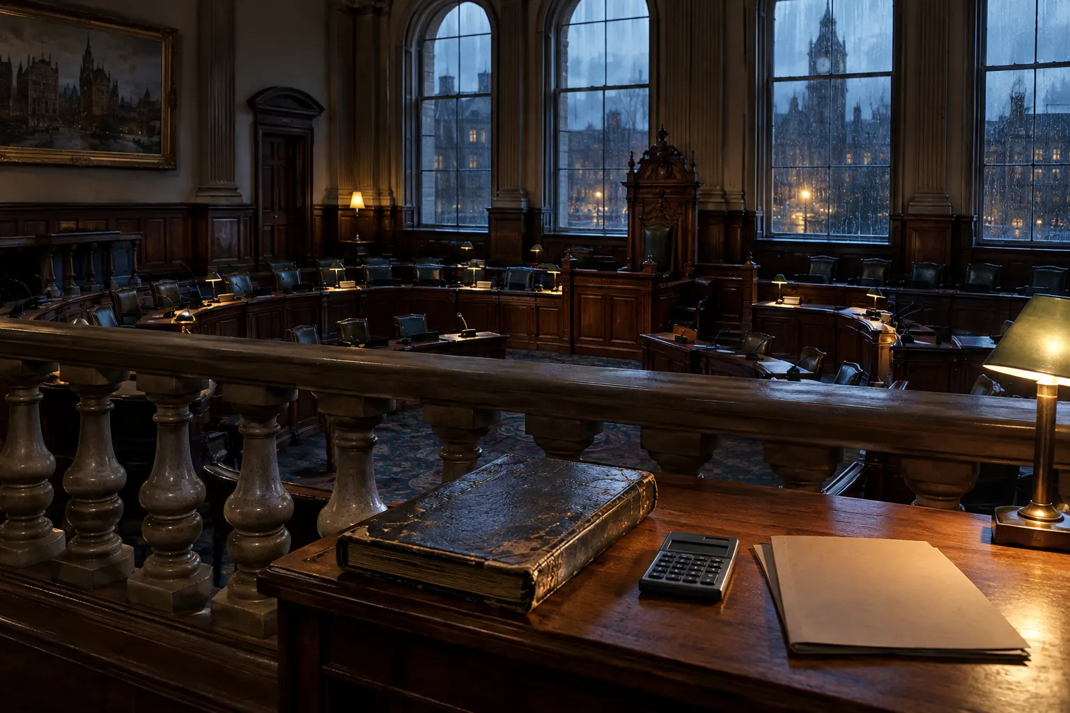 Empty British council chamber for fictional council capital risk metrics 2026 editorial image