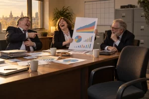 Three fictional councillors laugh around a plain committee table while one holds an oversized pension forecast with abstract charts beside a blank future calendar.