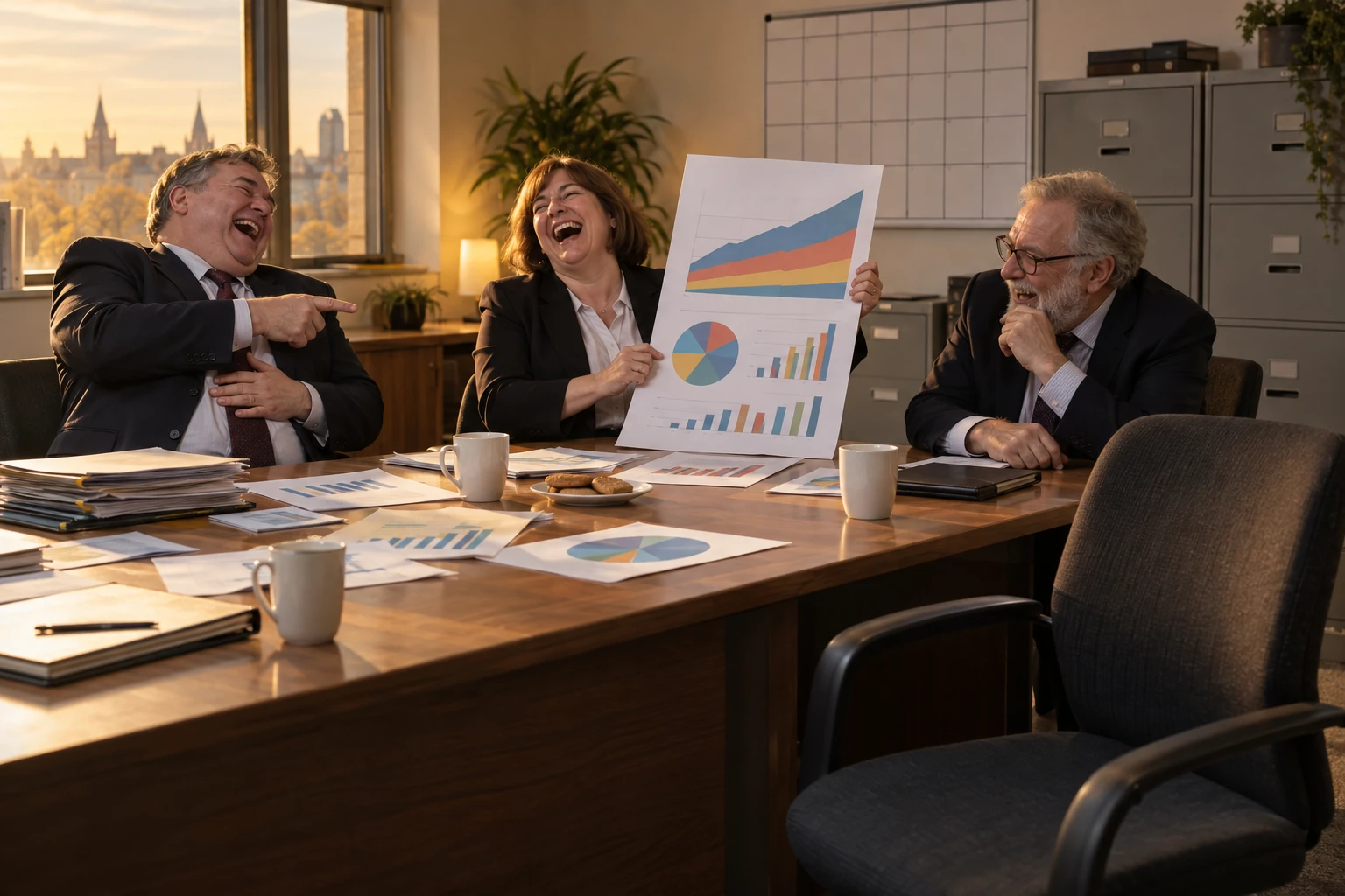 Three fictional councillors laugh around a plain committee table while one holds an oversized pension forecast with abstract charts beside a blank future calendar.