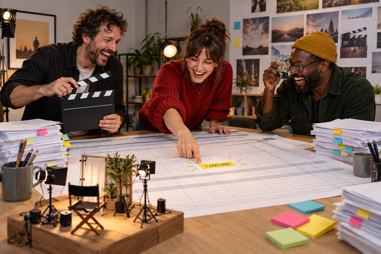 Three laughing fictional creative workers gather around a giant spreadsheet with a film clapperboard, toy camera and a highlighted funding figure.