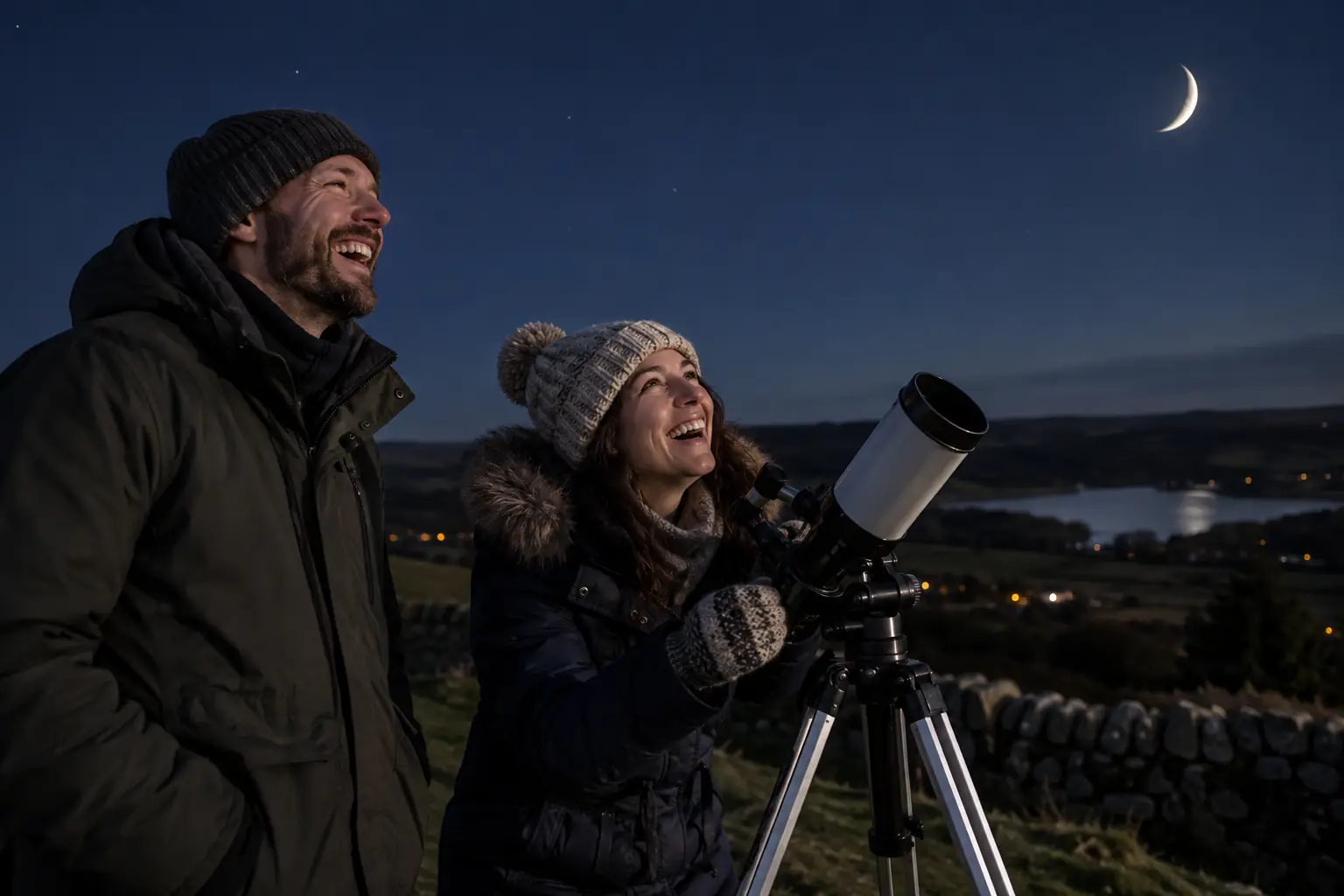 Two laughing astronomers with a telescope beneath a crescent moon using a crescent moon visibility map