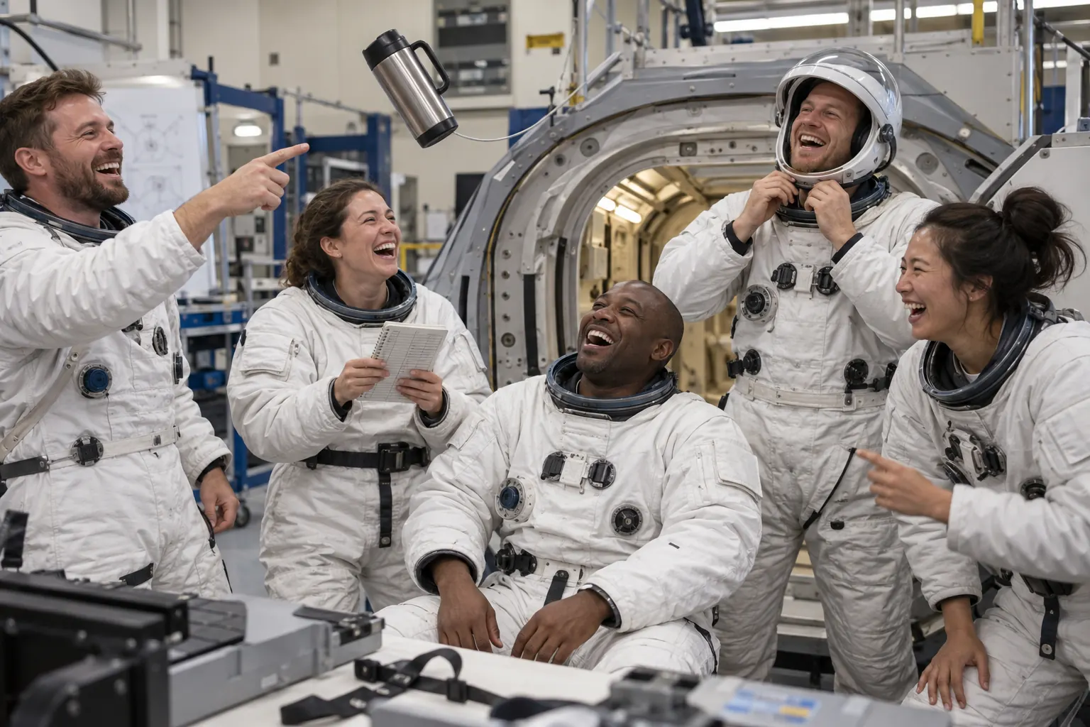 Five laughing adult astronaut trainees in generic white suits prepare beside a mock spacecraft hatch.