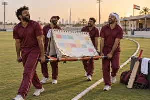 Four fictional cricket players laugh as they carry a battered giant calendar on a stretcher beside the boundary of a cricket ground.