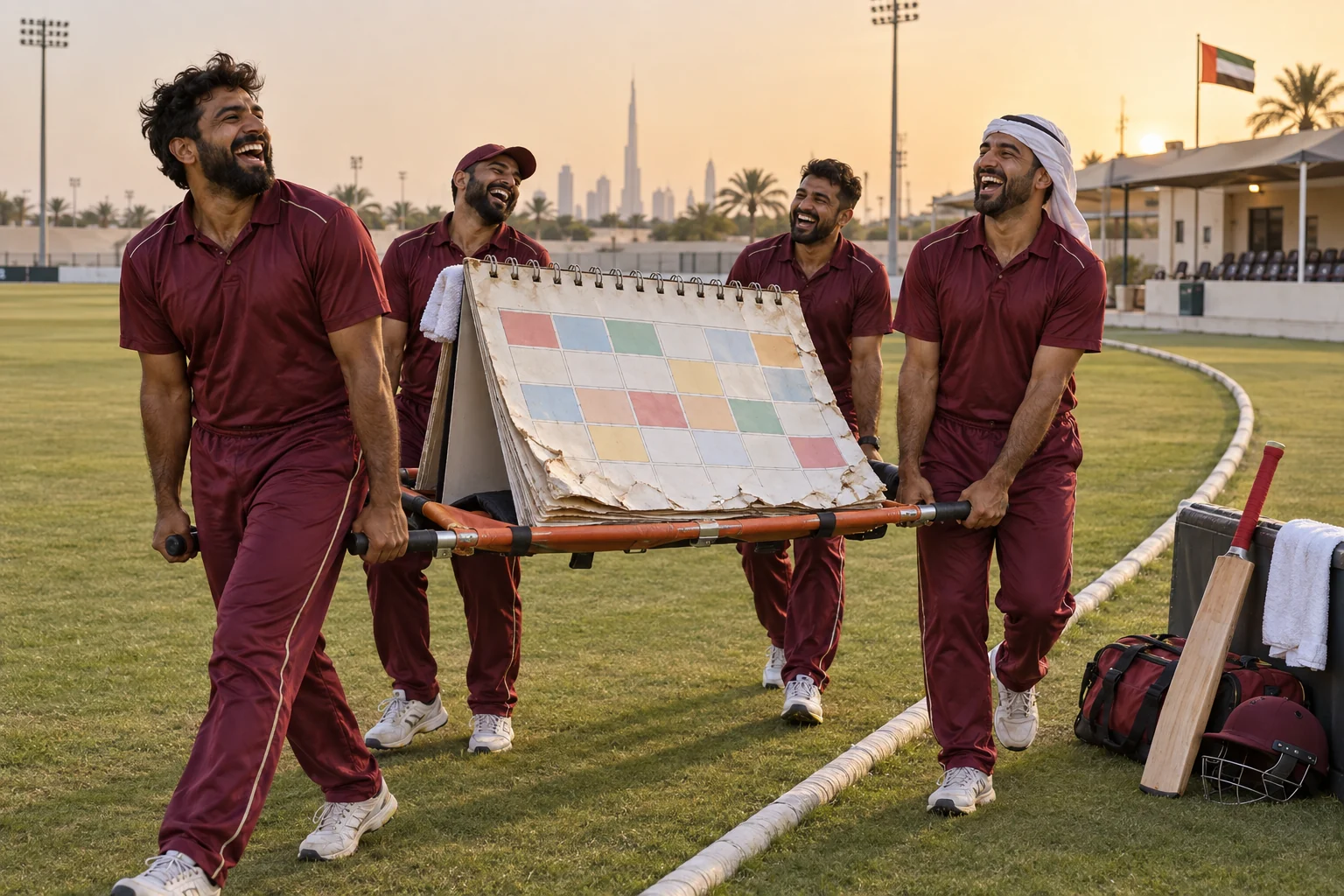 Four fictional cricket players laugh as they carry a battered giant calendar on a stretcher beside the boundary of a cricket ground.