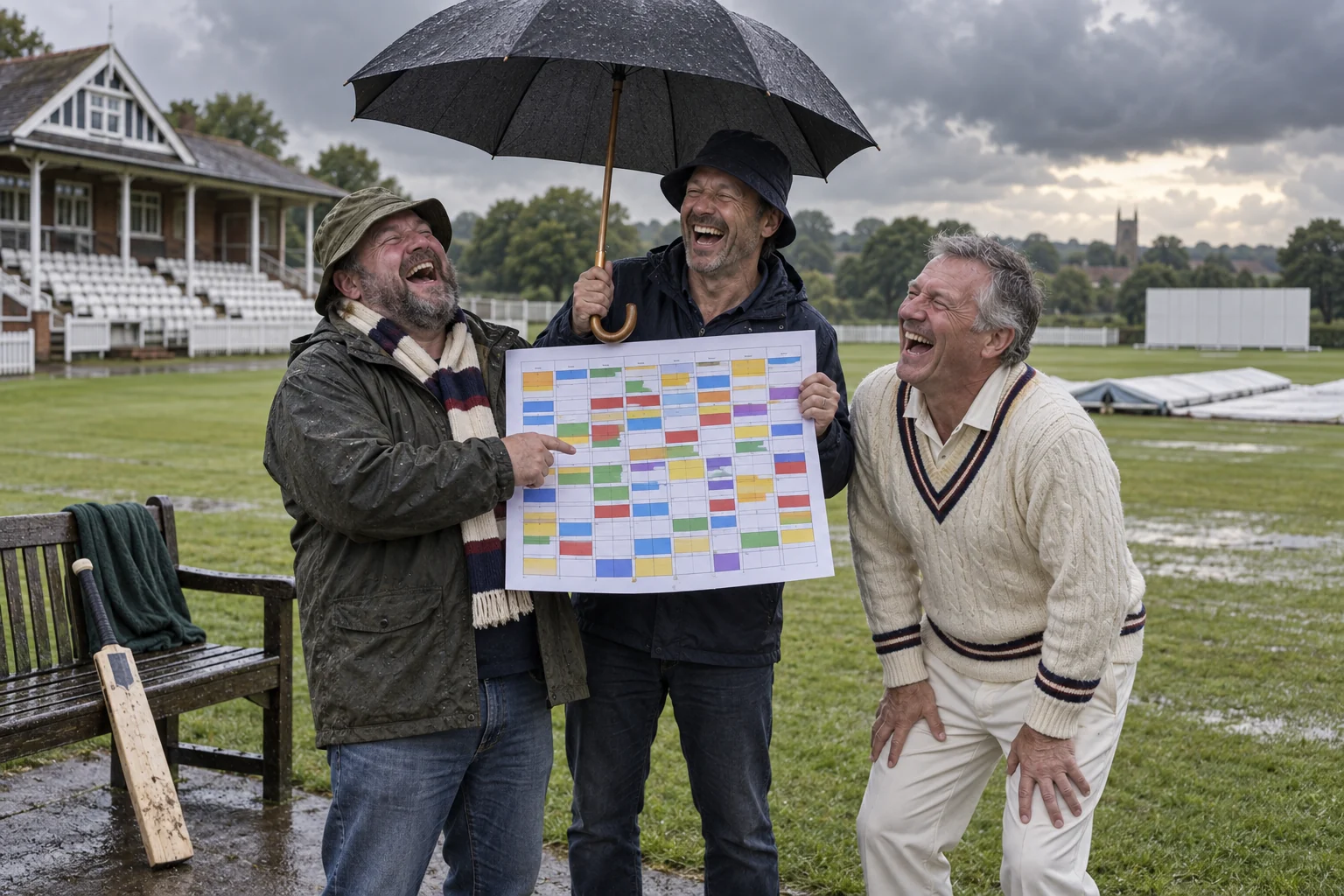 Three cricket supporters laugh under an umbrella while holding a crowded coloured calendar beside a wet cricket pitch.