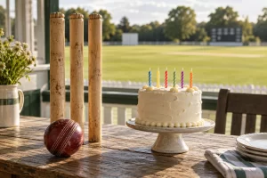 Three cricket stumps and a worn red ball stand beside a small cake with six unlit candles on a pavilion table.