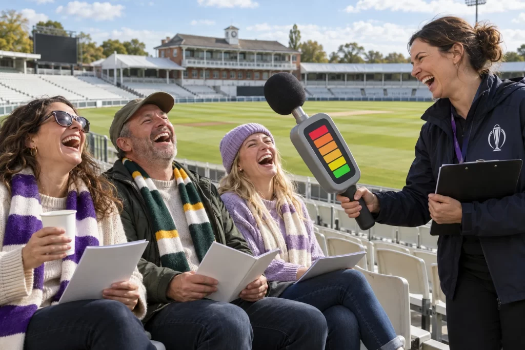 A laughing campaign manager measures three laughing cricket supporters with an oversized sound meter.