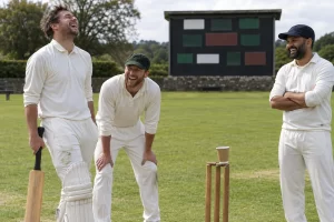 Three laughing amateur cricketers stand by a blank coloured scoreboard and a small coffee cup balanced on a cricket stump.