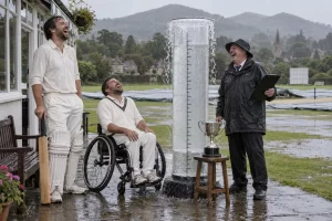 Two laughing cricketers, one using a wheelchair, and a laughing official stand beside an overflowing giant rain gauge and trophy.