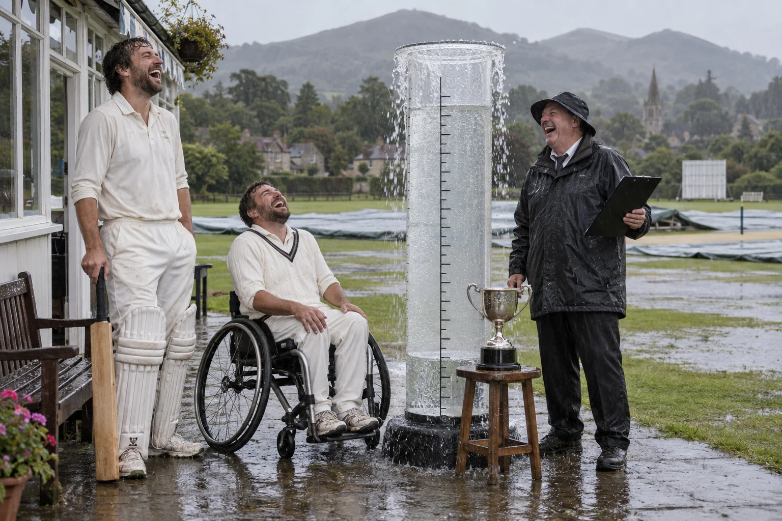 Two laughing cricketers, one using a wheelchair, and a laughing official stand beside an overflowing giant rain gauge and trophy.