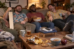 Three laughing cricket supporters sit on a sofa while their remote control rests on a miniature physiotherapy bench.