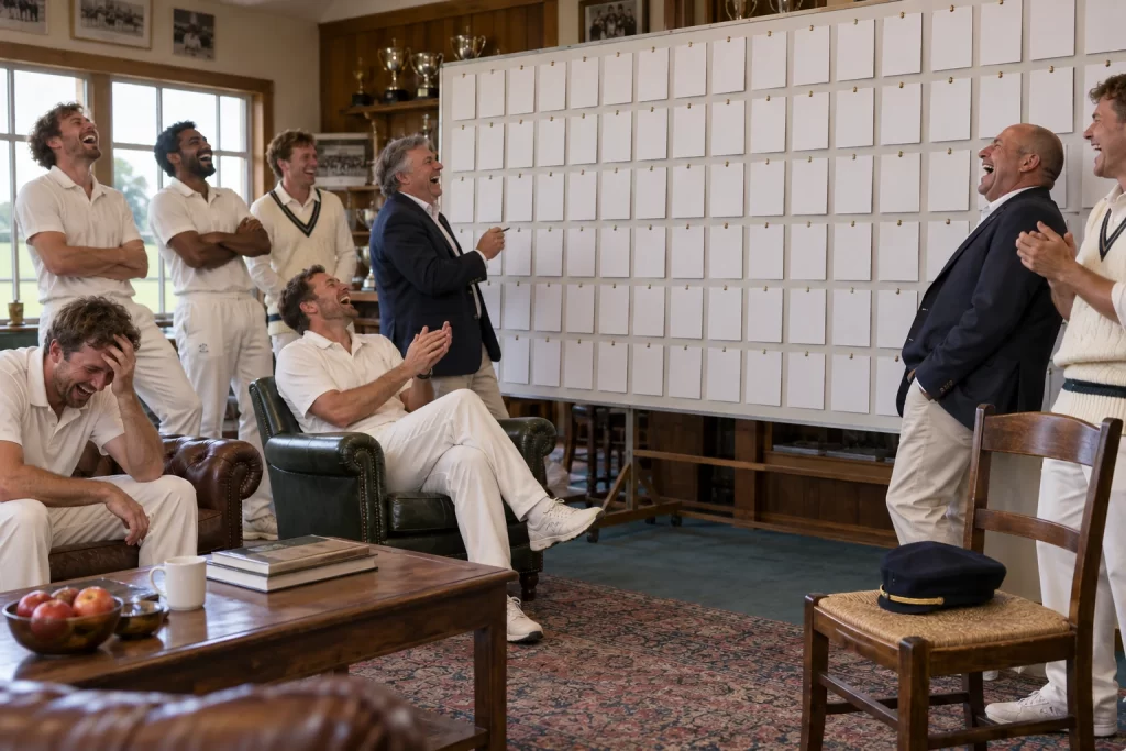 Fictional cricketers and selectors laugh in a clubhouse beside a wall of blank squad cards and a lonely captain cap.