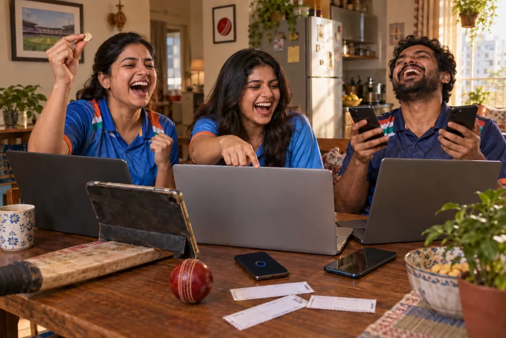 Three laughing cricket supporters crowd around laptops and phones, with one holding a coin and a phone showing a loading circle.