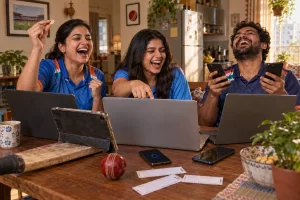 Three laughing cricket supporters crowd around laptops and phones, with one holding a coin and a phone showing a loading circle.