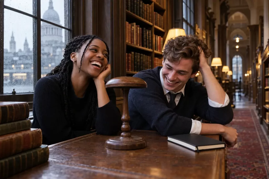 Original editorial photograph of two laughing aspiring barristers beside a plain empty wig stand and blank notebook in a rainy London legal-library corridor, with no logos or readable text