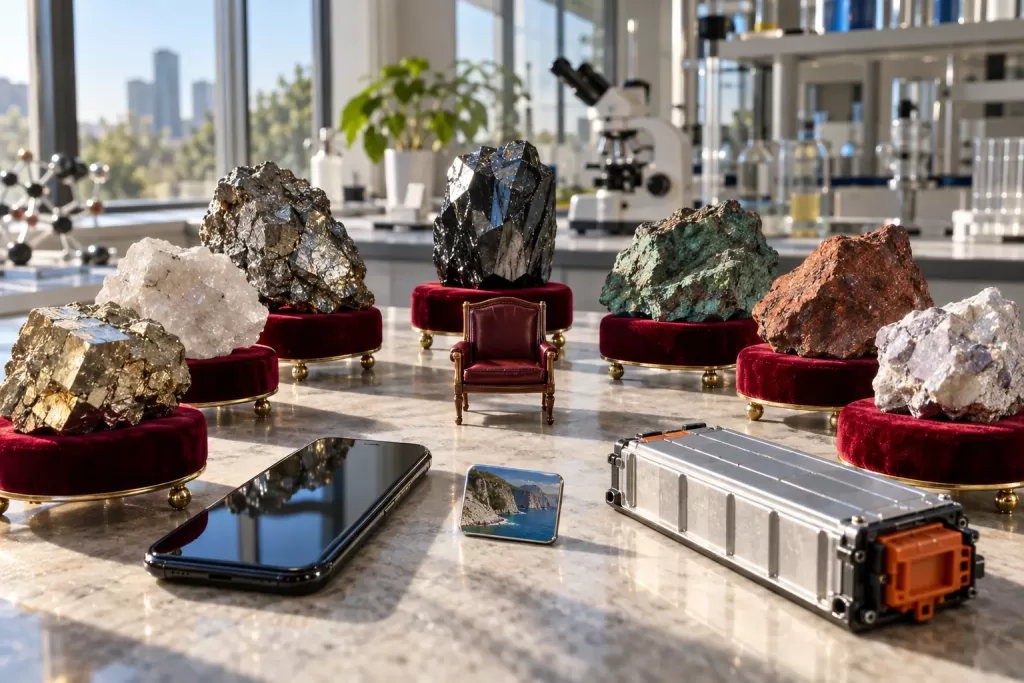 Critical mineral rocks at a fictional supply-chain summit editorial photograph