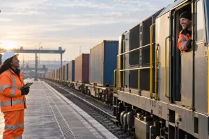 Two laughing adult rail workers are far apart in a busy, wide railway freight terminal beside container trains; one stands safely on a platform and one leans from a cab.