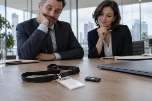 Two compliance professionals considering a plain visitor lanyard and a hardware security token