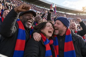 South London football supporters in plain red and blue scarves laugh and embrace after a cup final win.