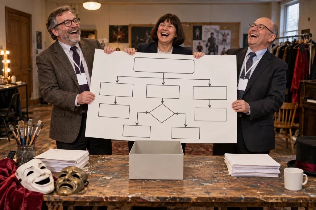 Three laughing fictional cultural funding officials holding a blank flowchart