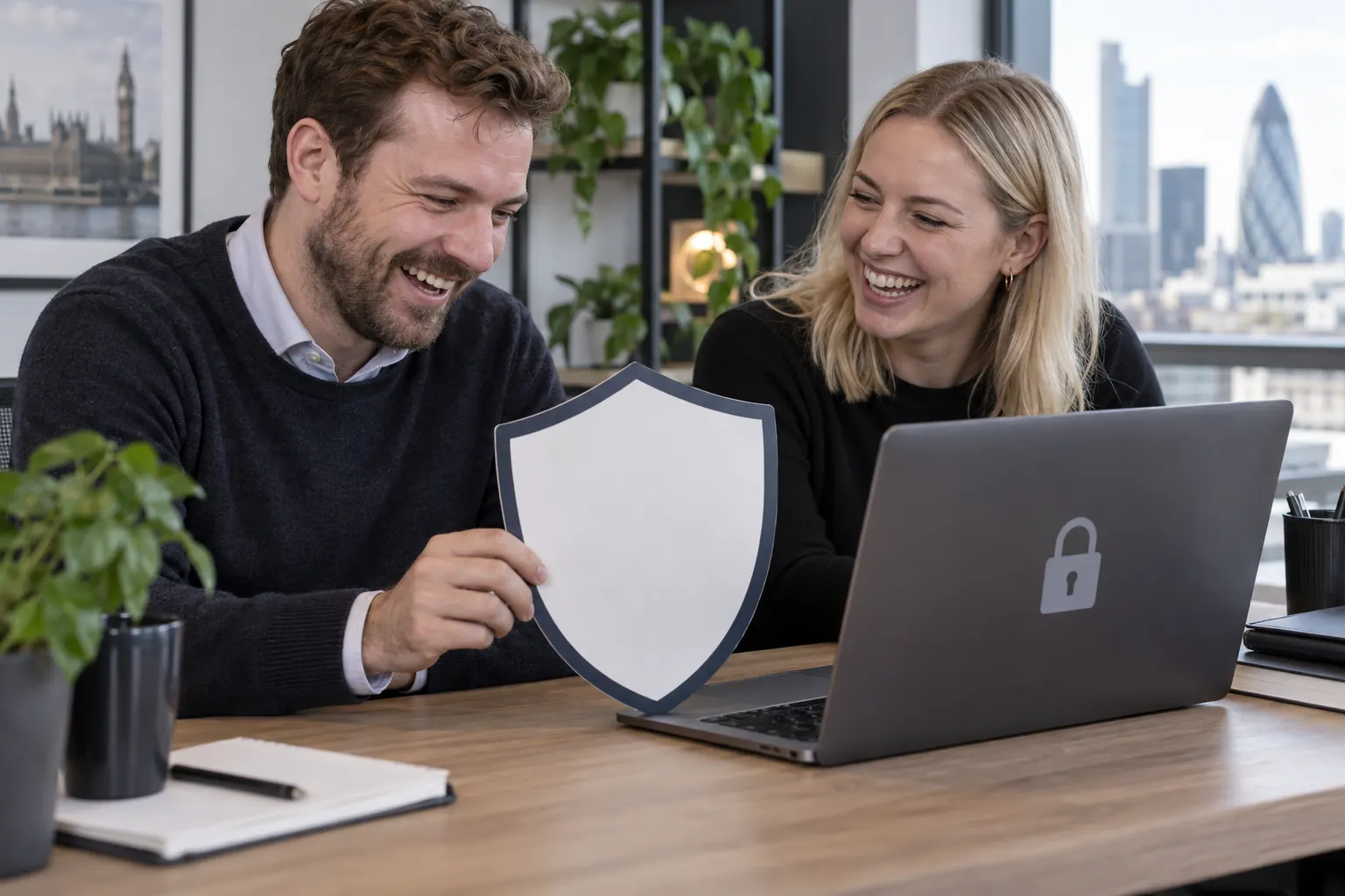 Two laughing staff for cyber resilience pledge