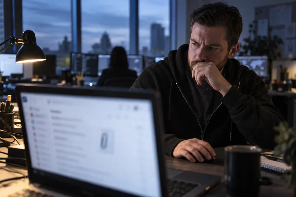 Cybersecurity analyst pausing before opening a blurred email attachment