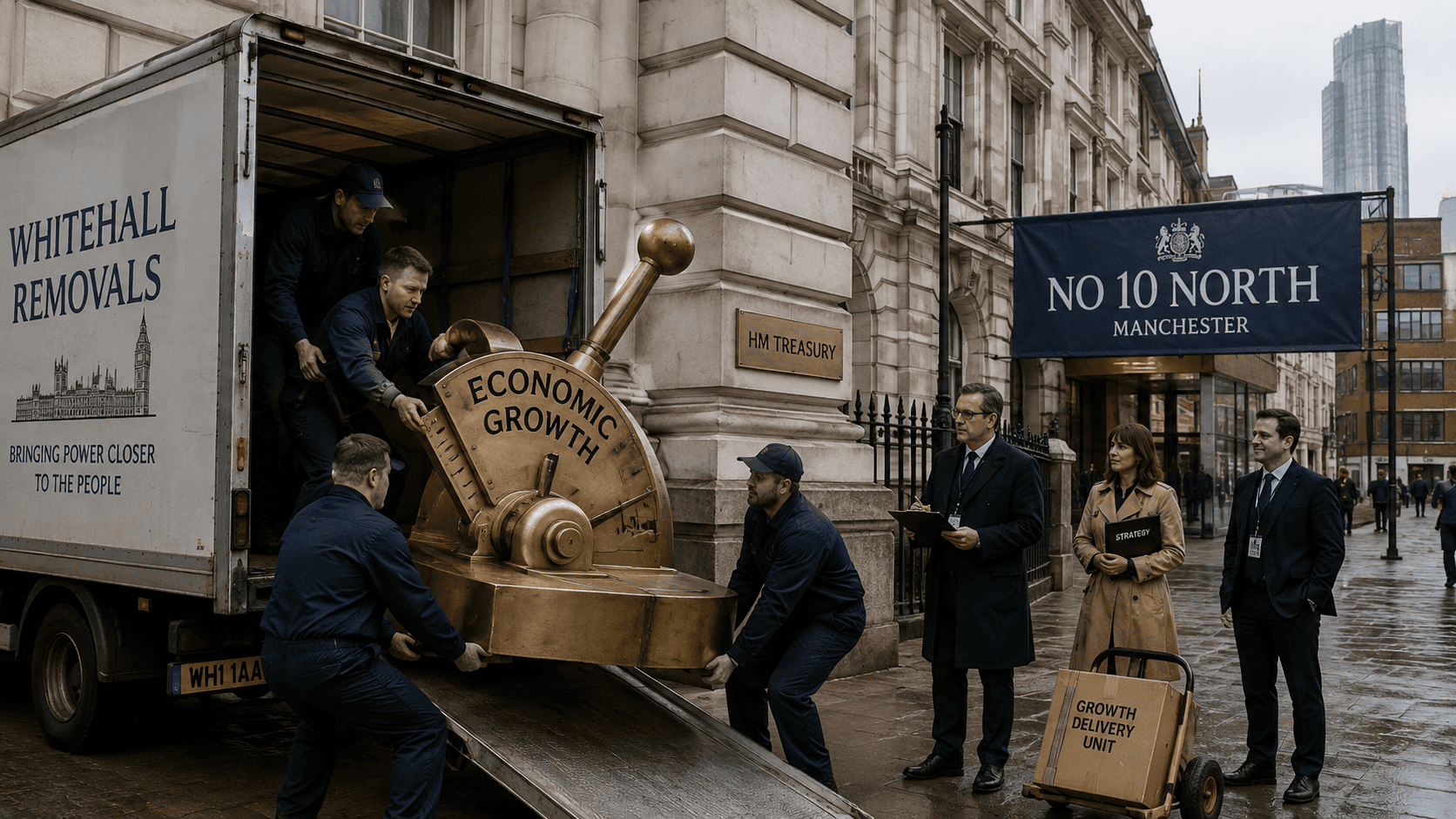 Fictional civil servants wheel an oversized brass control lever from a sober government office towards a removal van on an overcast British street.