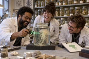 Three fictional adult museum scientists clearly laugh while scanning a sealed jar containing a preserved jellyfish in a laboratory.
