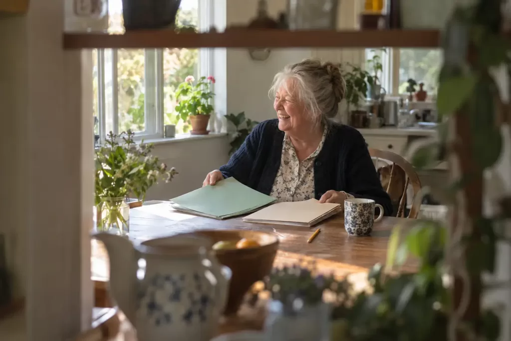 Laughing woman with papers in fictional DB pension surplus consultation 2026 editorial photograph