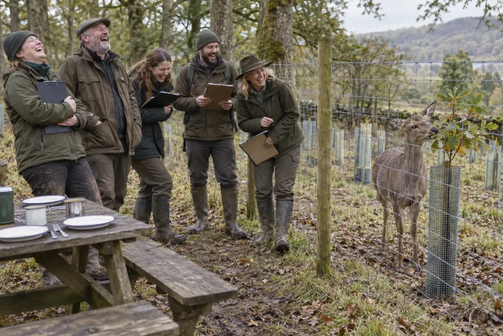 Five fictional adult woodland rangers and landowners visibly laughing beside a deer proof fence as a deer nibbles a young oak tree.