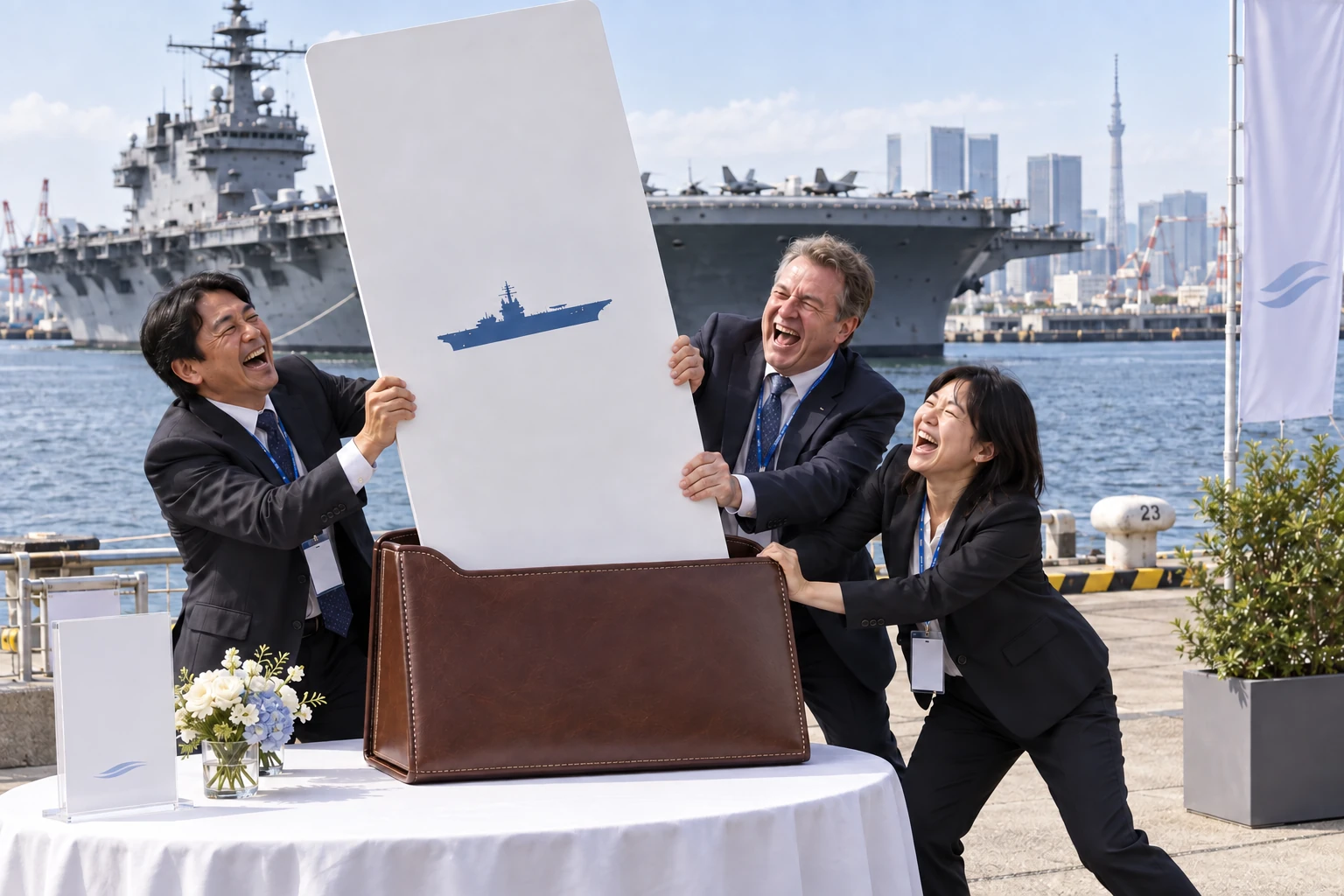 Three fictional delegates laugh while fitting an enormous business card into a giant leather holder beside a harbour with an aircraft carrier behind them.