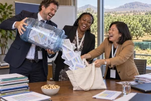 Three laughing conference delegates pour paper spreadsheets from a large water container into a canvas tote bag beside a bowl of nuts.
