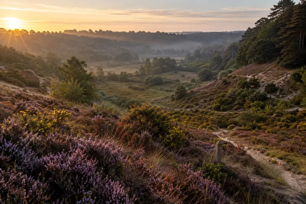 A footpath curves through heather and gorse across a broad sandy heathland bowl at sunrise.