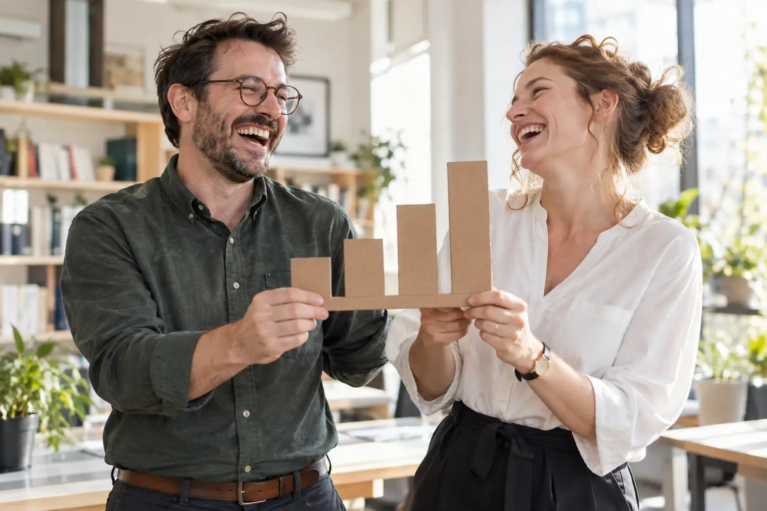 Original editorial photograph of two laughing education data analysts holding a blank cardboard bar chart for the DfE statistical work programme