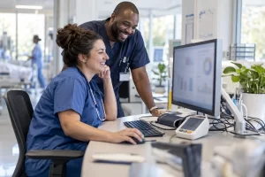 Two healthcare colleagues laugh together at a clinical workstation beside a blood pressure monitor.
